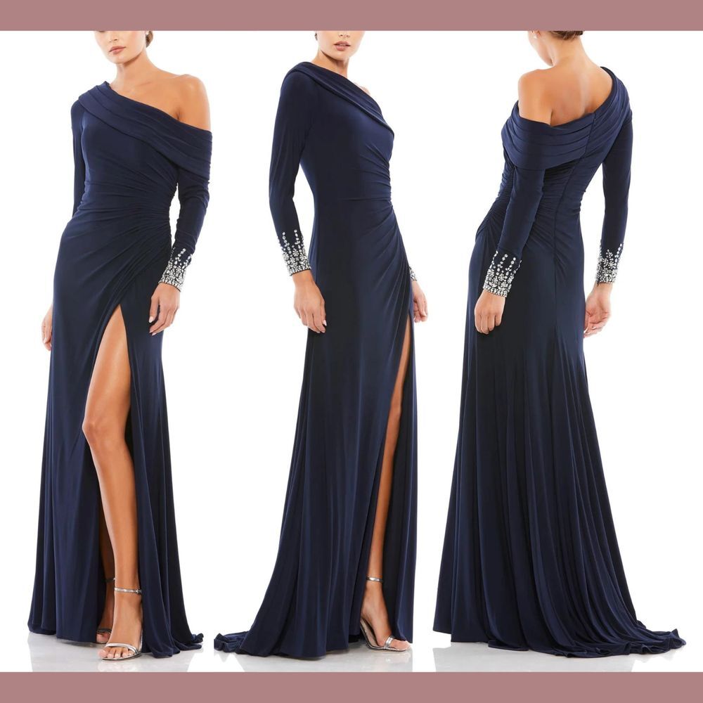 NWT $398 Mac Duggal [ 14 ] Bead Cuff Drop Shoulder Faux Wrap Gown Mid Blue G1924
